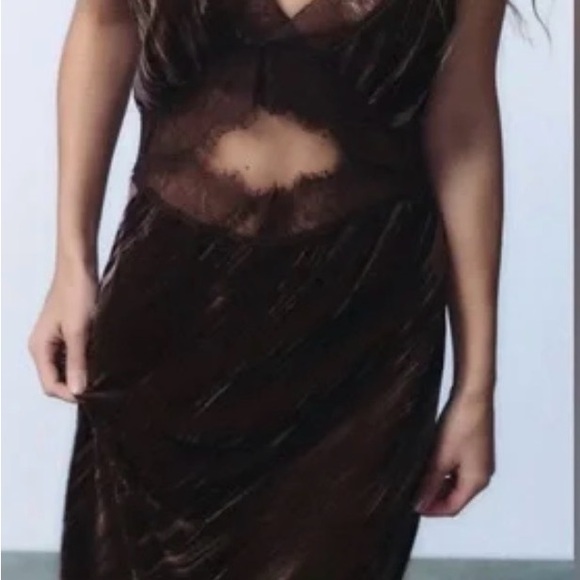 Zara Velvet Lace Trim Midi Dress Brown Slip Dress Size S 🤎 - Picture 8 of 13